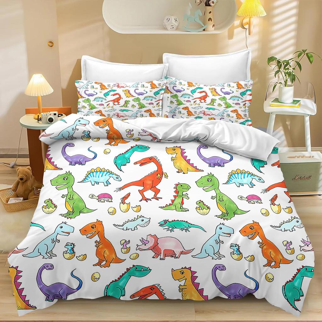 Dinosaur Print Cozy Duvet Cover Set Queen King Size Cartoon Bedding Set Home Living Luxury 3 Piece Set With Pillowcases 75*50Cm