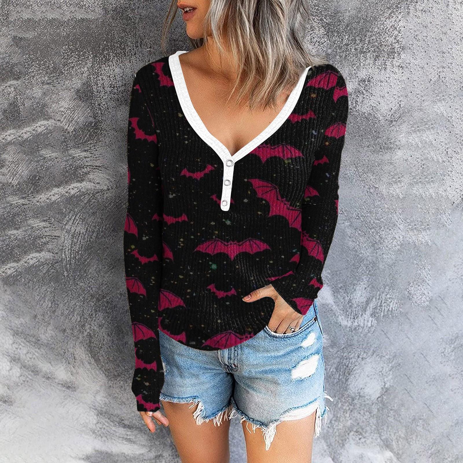 

Женская мода повседневный топ на пуговицах с длинным рукавом и v-образным вырезом с принтом на Хэллоуин XL красный