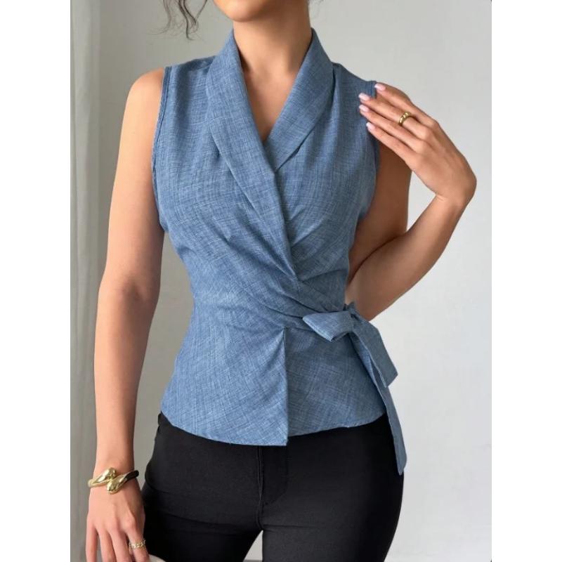 European and American Fashion Waist Cinching Tie Up Lapel Shirt Vest