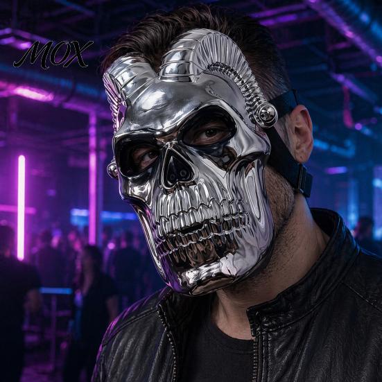 Full Face Demon Mask Halloween Skull Mask, Silver Ram Horn for Party, Scary Headgear, Glossy Metallic Cosplay Prop Electroplated
