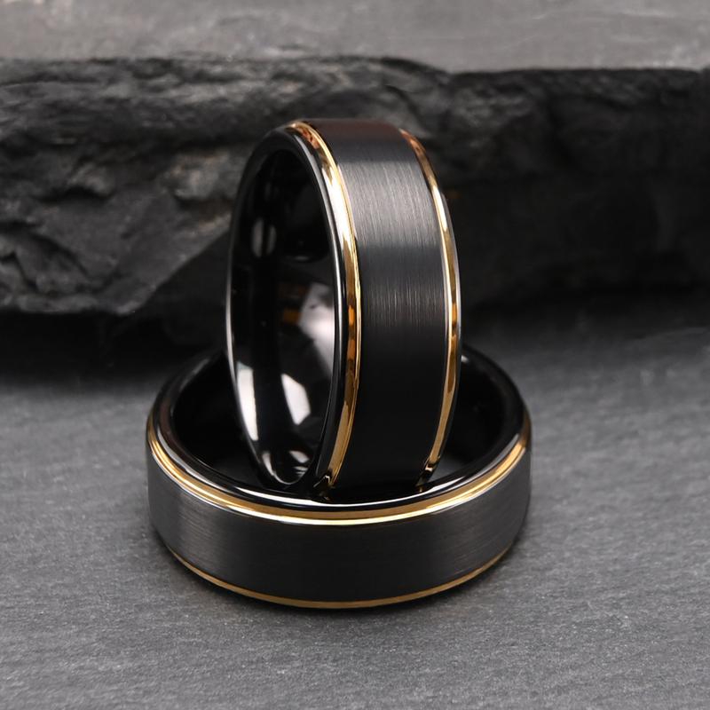 Aliança de Casamento Unissex de Carboneto de Tungstênio Preto Dourado Escovado 8mm Confortável de Usar Anel de Casal Vintage