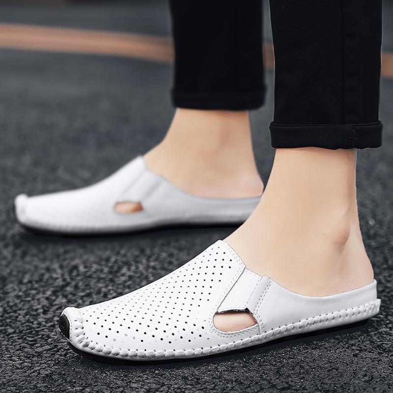 Fashion Men Half Shoes Casual Split Leather Loafers Brand Handmande Slipon Men Driving Shoes Hollow Breathable Summer Slippers Male Flat