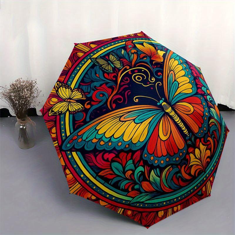 Colorful Butterfly Mandala Art Print, Vibrant Nature Design for Home Decor Umbrella, Cute Umbrella with Cute Design, Portable 3-Fold Compact Umbrella