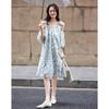 French Round Neck Off-Shoulder Pleated Floral A-Line Dress
