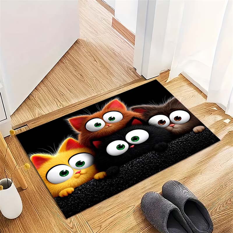 Cartoon Cats Group Non-Slip Doormat, Kawaii Pet Print Entryway Floor Mat