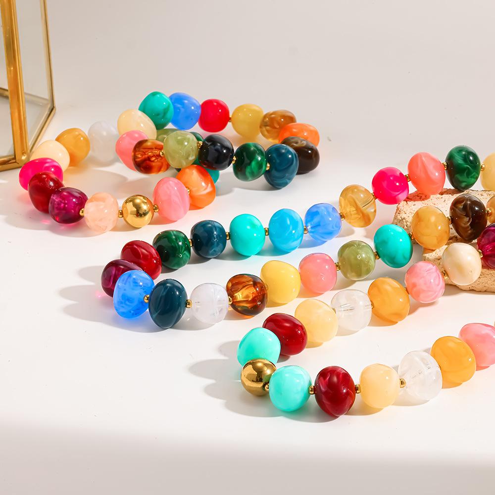 Popular Acrylic Color Mixed Round Bead Gold-plated Stainless Steel Necklace Bracelet Waterproof Bracelet Niche Jewelry
