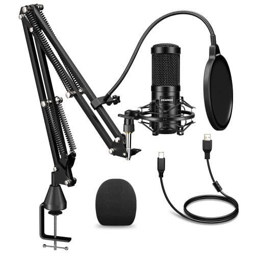 Aokeo USB Microphone, Condenser Microphone, PC Microphone Set (with Pop Filter and Arm Stand), 192KHZ/24BIT PC Microphone, Suitable for Recording, Liv