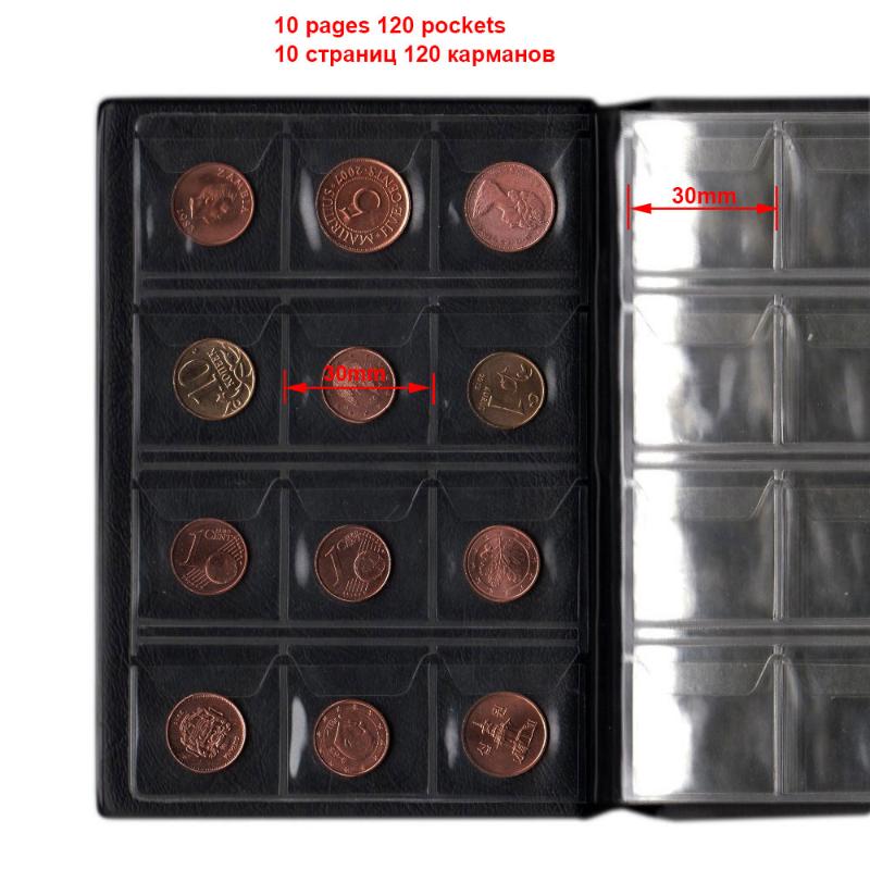 PU Leather Coin Album 10 Pages 120 Pockets Coin Album for Coins Pockets Commemorative Coin,medallions Badges Collection Book