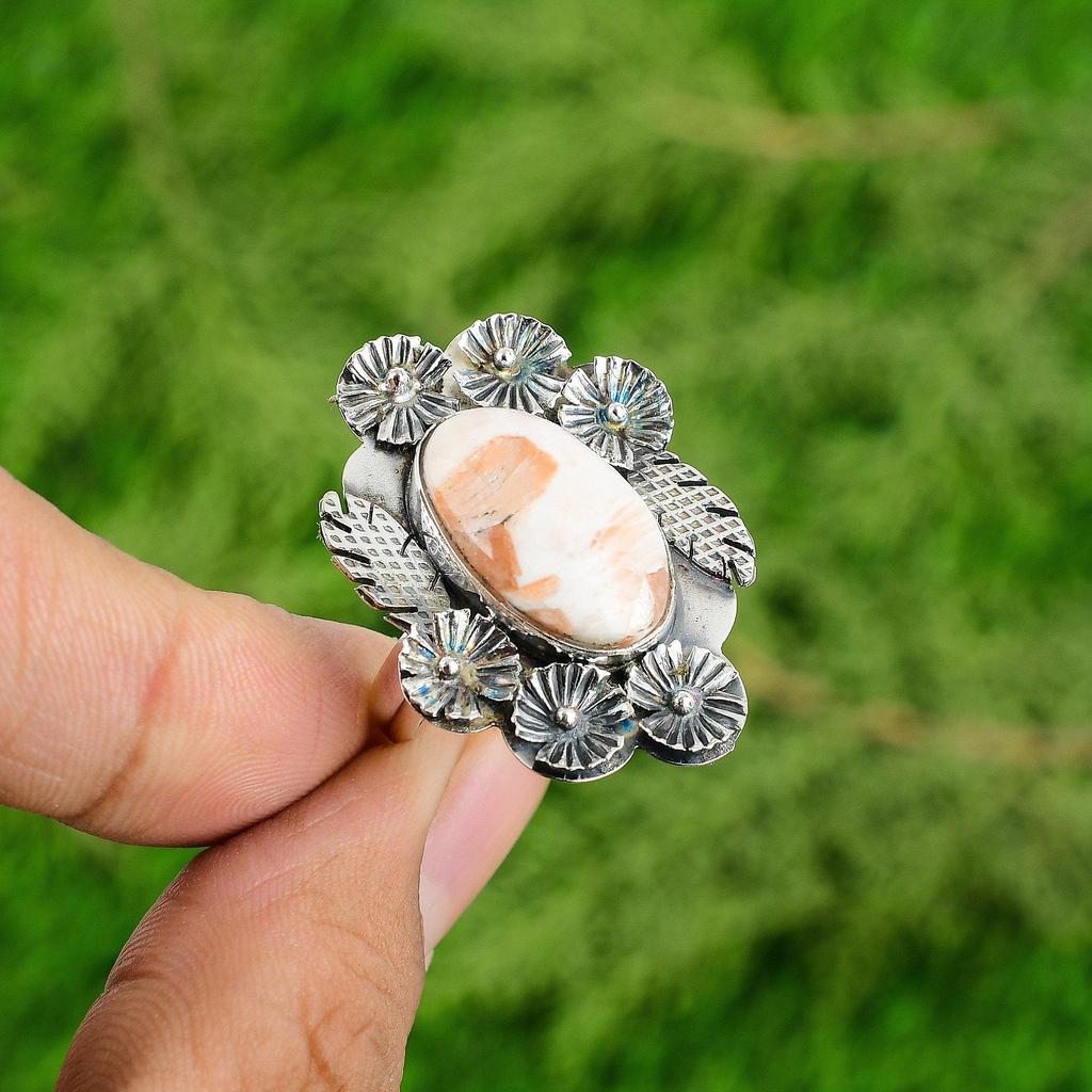 Gift For Her 925 Silver Natural Scolecite Solitaire Flower Adjustable Ring