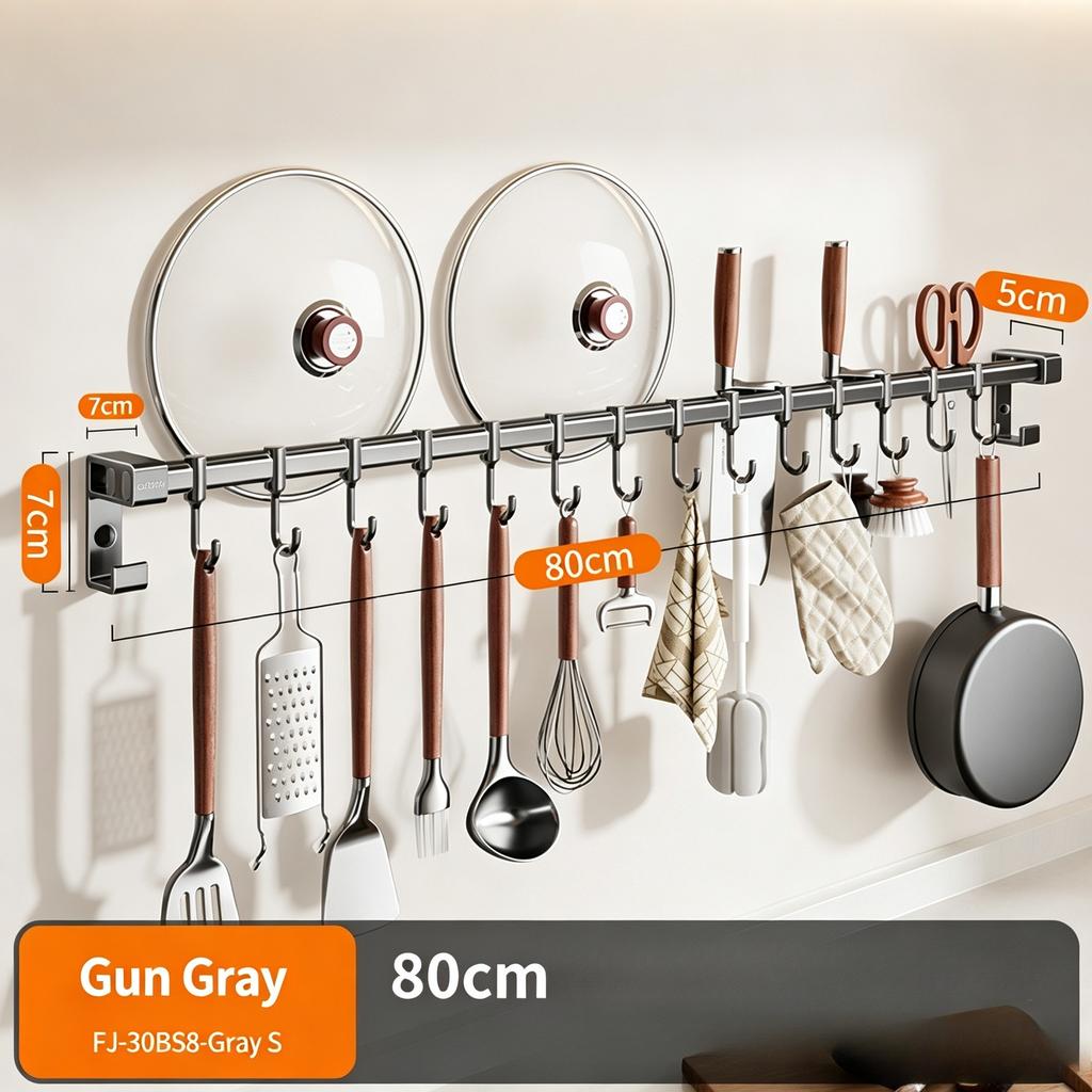 Stainless Steel Kitchen Hook Rack No Drill Wall Mount Storage Rail for Pot Lid Knife Spatula & Spoon Multi-functional Kitchen Organizer