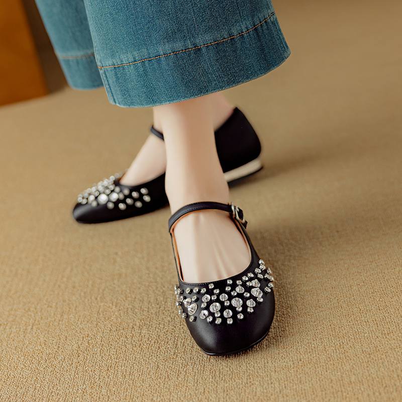Krazing Pot Sheepskin Summer Autumn Size 40 Low Heels Crystal-studded Mary Janes Square Toe Gladiator Shallow Pumps
