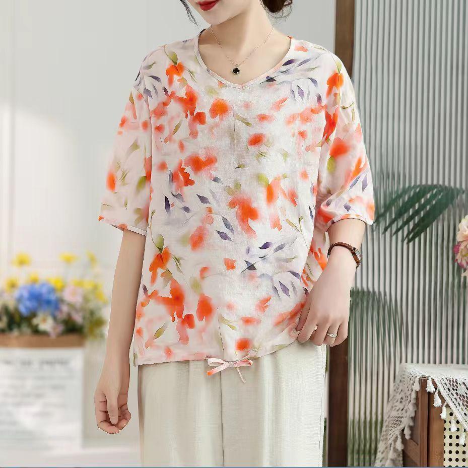 Pure Cotton Summer Loose Plus Size Women's Retro Printed Age-reducing Short-sleeved T-shirt