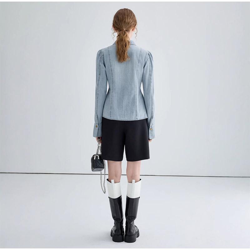 Elegant Women's Denim Lace Up Shirt Light Blue Turn Down Collar Puff Sleeves Waist Tight 2025 Spring Preppy Style Female Tops