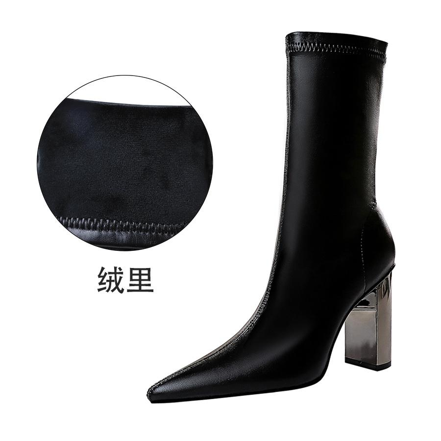 Bigtree Shoes Mid-Calf Boots Chunky Block Heels Women Boots Pointed High-Heeled Boots Lady Pu Leather Boots Autumn Winter Shoes