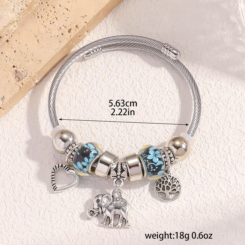 Women All Match Crystal Elephant Love Heart Tree Beads Bracelet Cuff