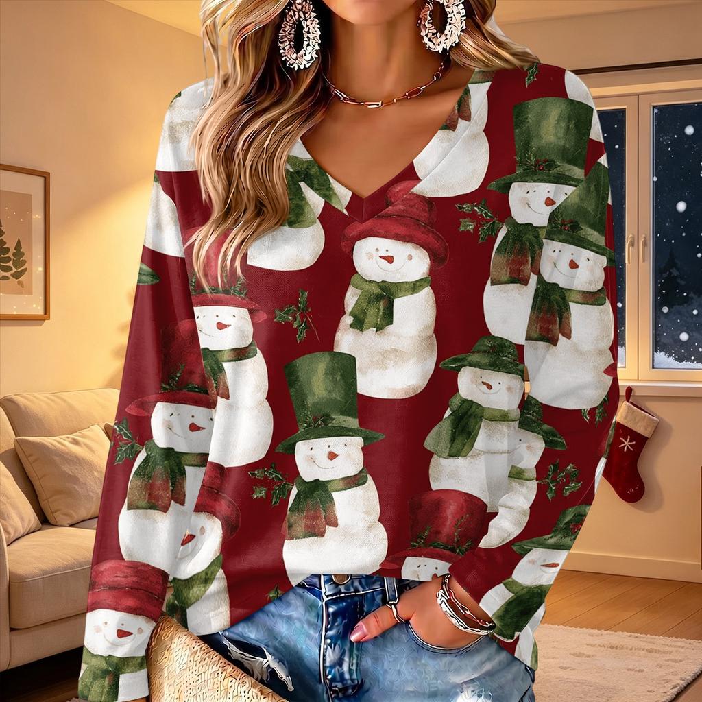 Women's V-Neck Long Sleeve Christmas Print Lightweight Blouse for Spring and Summer