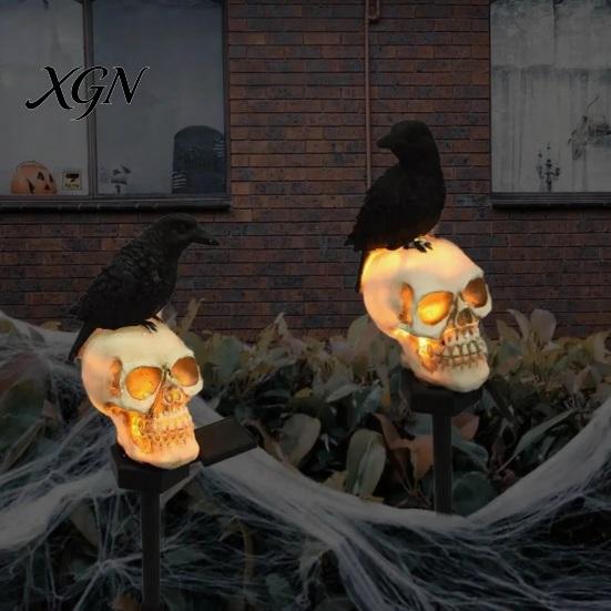Weatherproof Solar Lights for Outside LED Crow Skull Light, Waterproof Halloween Pathway Gothic Horror Party Gifts Collectors on Skeleton Head