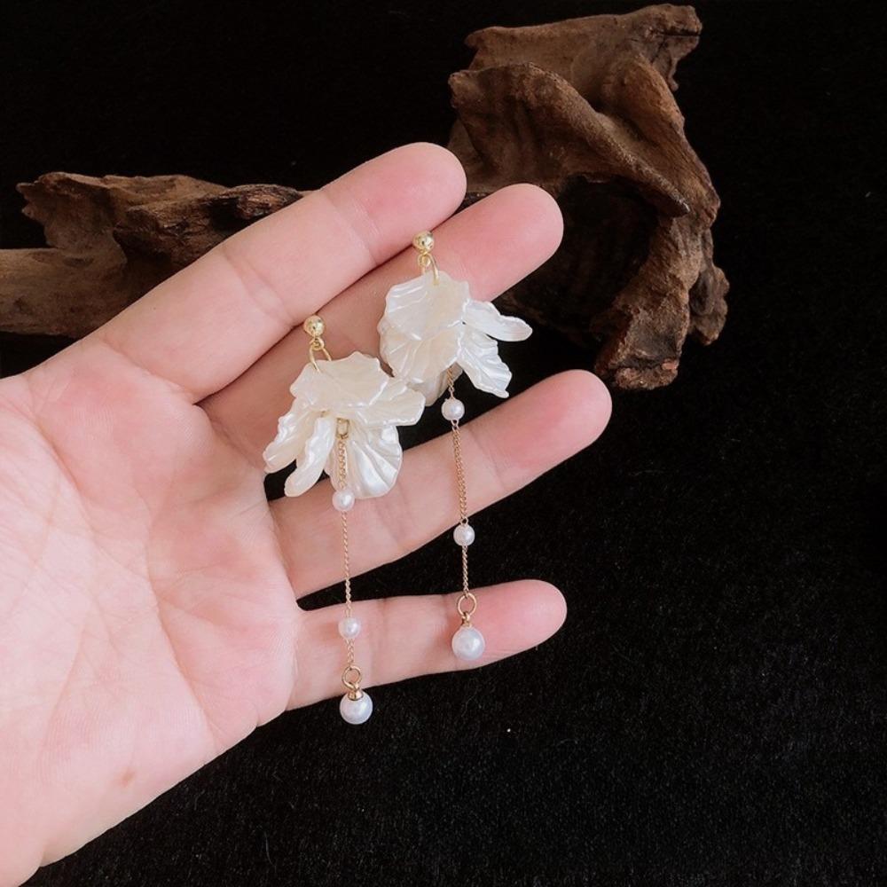 Exquisite Temperament Eternal Flower White Petals Pearl Long Tassels Dangle Earrings for Women Bride Wedding Charm Jewelry Gifts