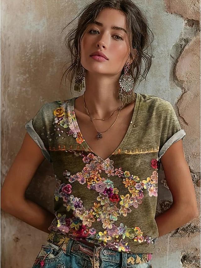 2026 Women's Tops Women's Floral T-Shirt Summer 2026 Short Sleeve Casual Loose Vintage Streetwear Fashion Clothes for Woman