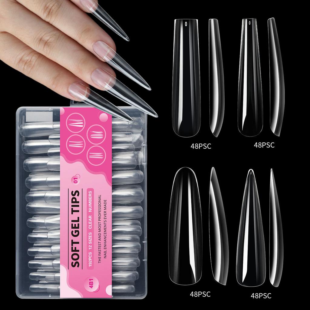 192x/Box Clear Nail Tips Soft Gels Tips Extras Long Full Cover Tips Ballerinas False Nail Nail Supplies for Acrylic Nail