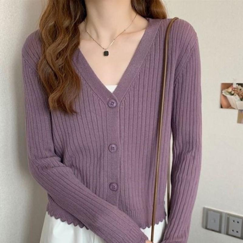 Womens V-Neck Ribbed Knit Cardigan Long Sleeve Slim Fit Outerwear Top Casual Korean Style