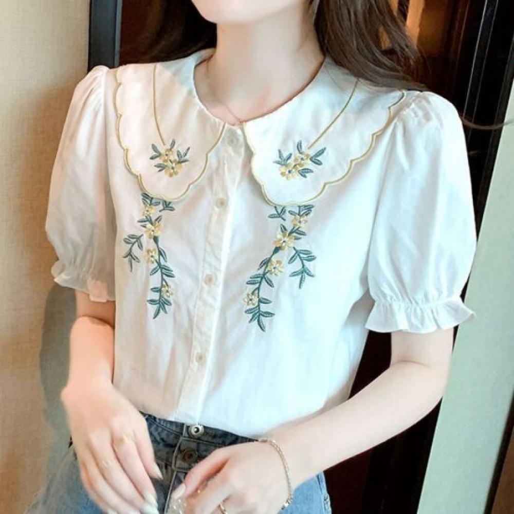 Navava Lovely Flower Embroidery Puff Sleeve Short Sleeve Shirt Blouse Nb3134