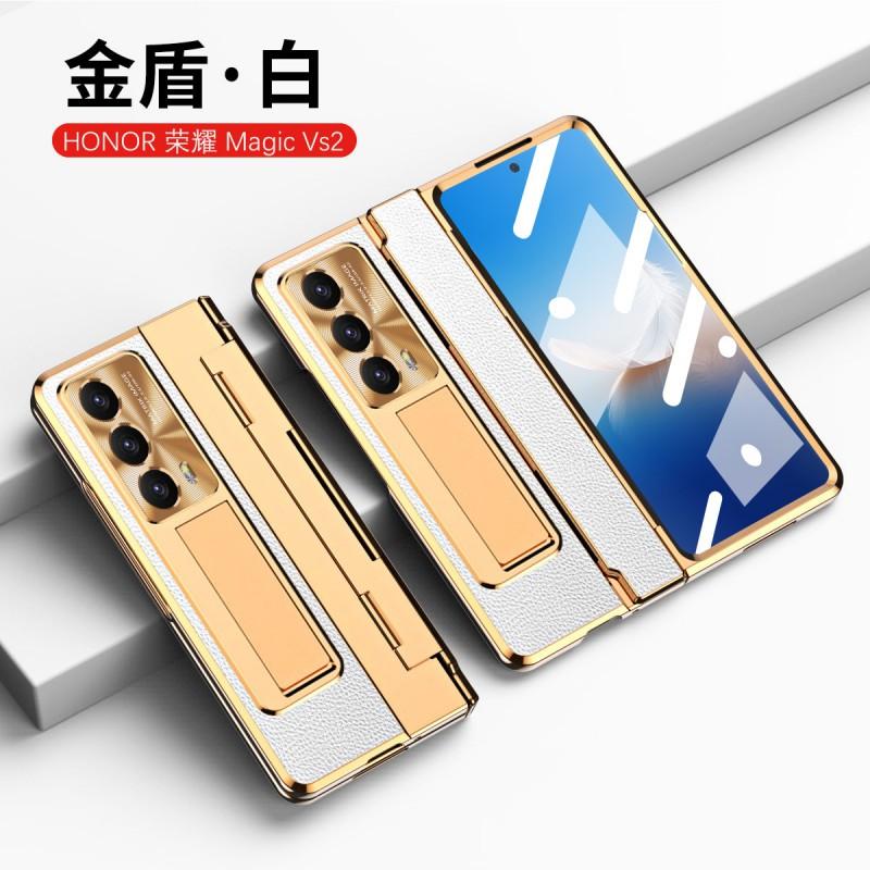 Premium Full Coverage PC Case Honor Magic V2 Foldable Phone Electroplated Vegan Leather Shockproof Anti-Fingerprint