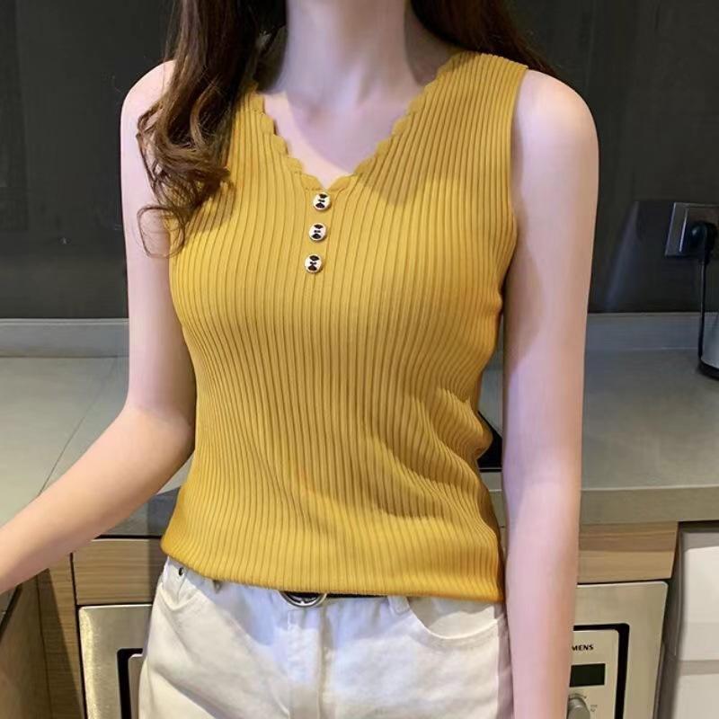 Women Summer Sleeveless V Neck Knitted Solid Color Slim Fit Vest Top