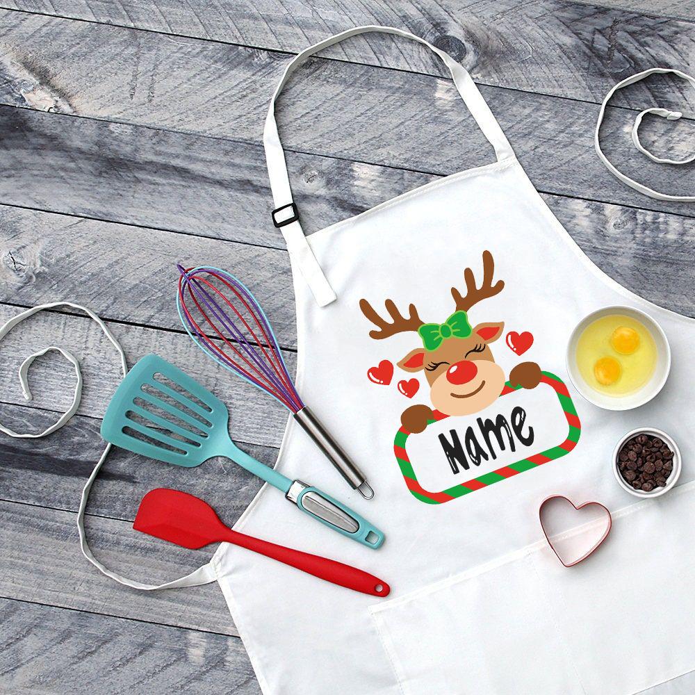 Personalised Christmas Deer Apron Holiday Baking Apron for Children Personalized Gift for Kids Childrens Custom Xmas Apron