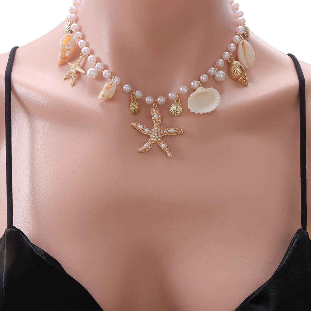 Bohemian Summer Beach Shell Collarbone Chain Niche Seaside Travel Imitation Starfish Conch Pendant Necklace
