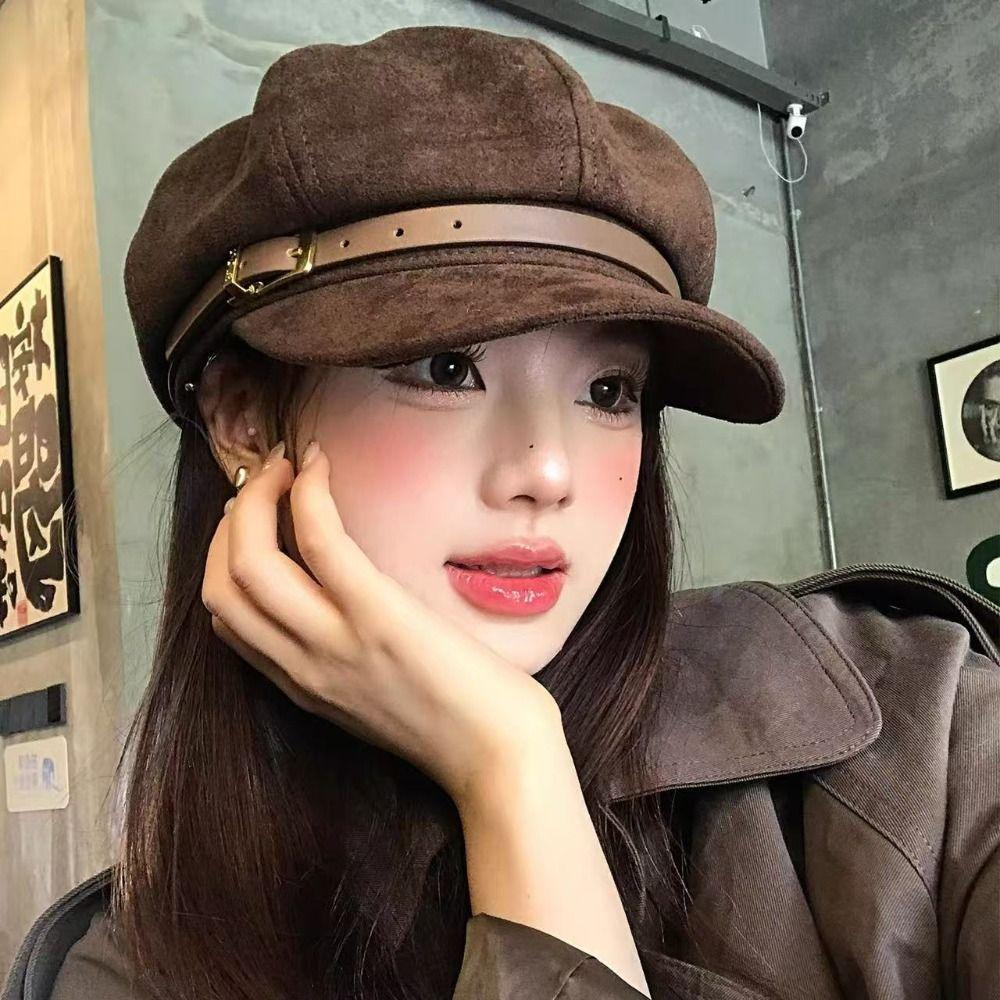 British Style Suede Octagonal Hat Brown Painter Hat Personality Pu Leather Beret  Travel