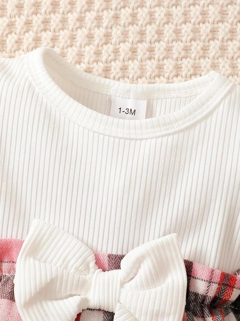 Newborn Baby Girl Spring Autumn Jumpsuit Flying Sleeves Pink Checkered Long Sleeved Jumpsuit+Headband for 0-18 Months Baby Girl