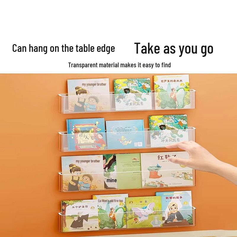 Wall-Mounted Children's Transparent Bookshelf: Punch-Free Storage Rack for Books
