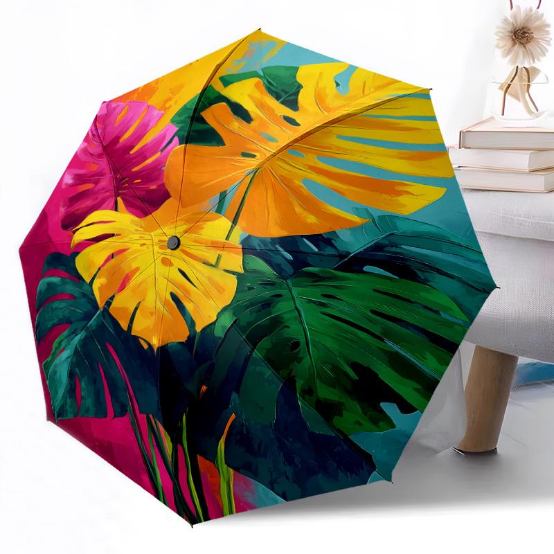 Tropical Leaf Pattern Compact Travel Automatic Umbrella Compact & Durable 8-Rib Design Foldable Design for Outdoor Daily Use Elegant Umbrella