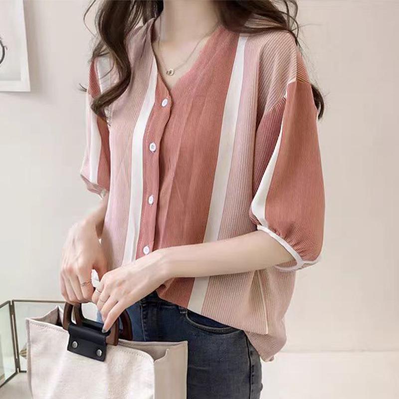 

ZANZEA Женская повседневная блузка с V-образным вырезом, свободная, в полоску, с лоскутным узором, с рукавом до локтя L