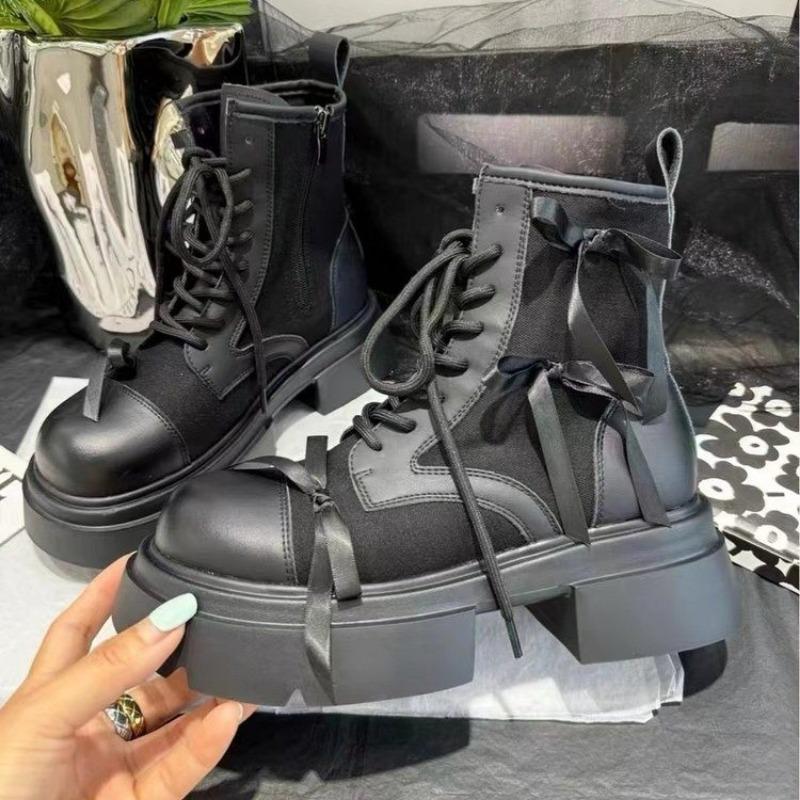 Ladies Shoes  Ankle Women's Boots Classics Modern Boots Women Bow Tie Cross-tied Round Toe Side Zip Square Heel Women Shoes
