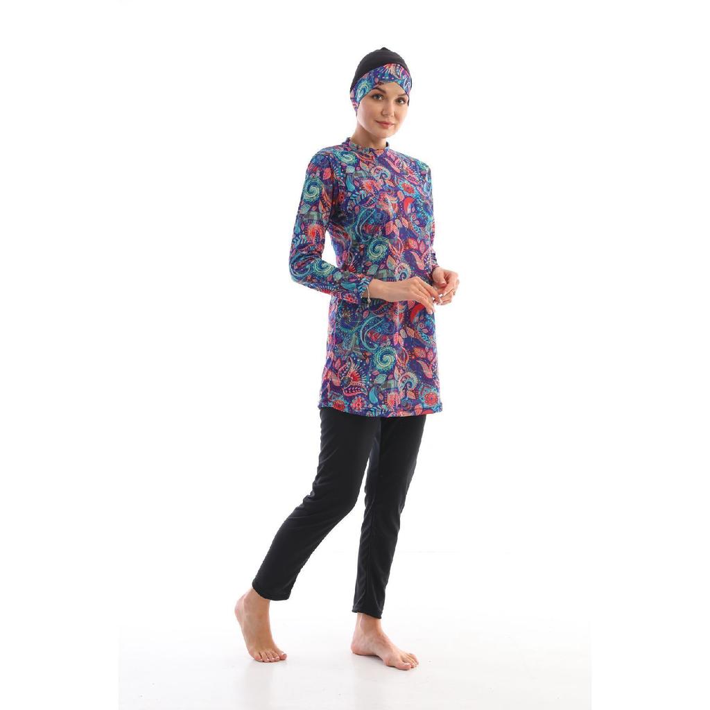 Vollständig bedeckter Lycra-Hijab-Badeanzug mit marineblauem Muster