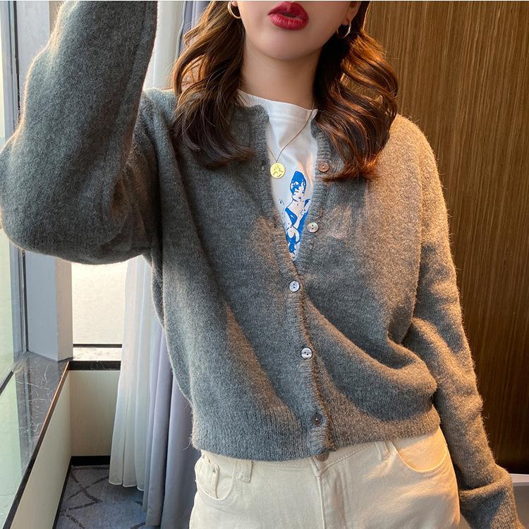 

Сезонная женская одежда корейская ретро мода базовая рубашка свободный повседневный короткий свитер вязаная куртка L серый