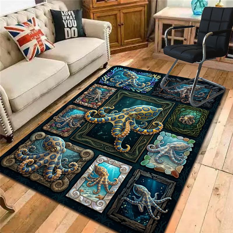 Ocean Octopus Frames Pattern Rug Floor Mat for Living Room or Bedroom Soft and Comfortable Carpet a Gift for Birthday and Holiday.