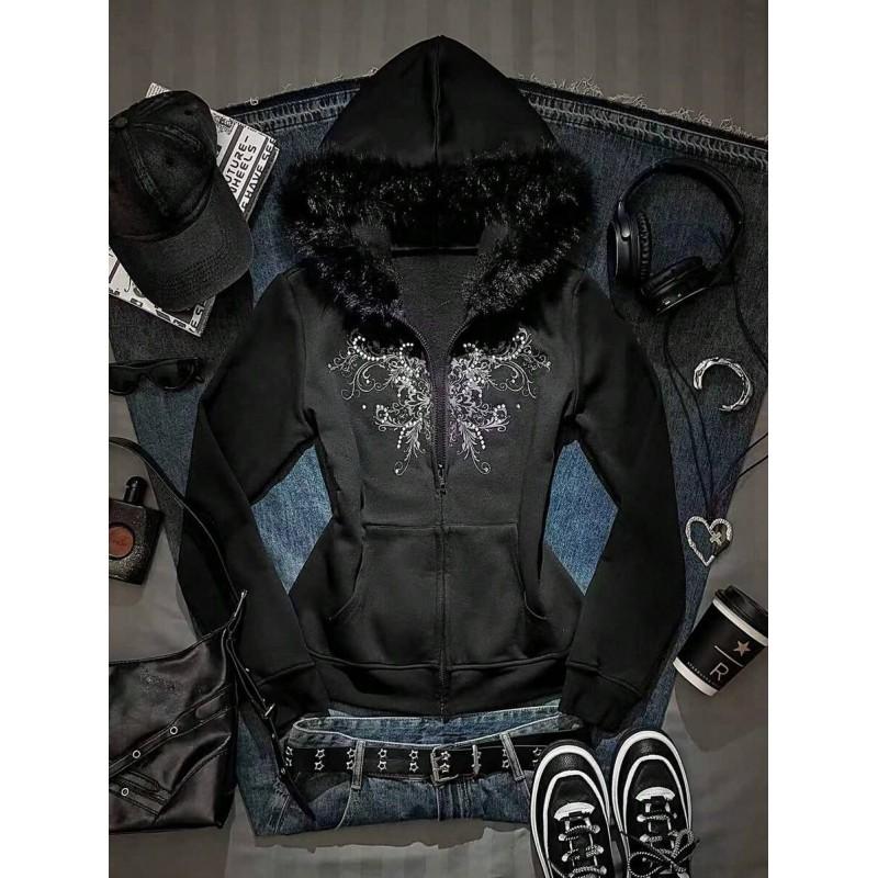 Graphic Rhinestone Hooded Zip Sweatshirt Gothic Punk Style Short Streetwear Women