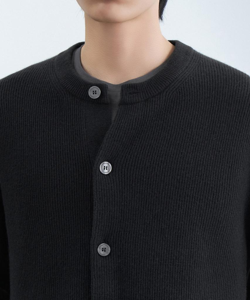 Musinsa Standard [Victoria Wool] Minimal Ribbed Round Neck Cardigan [Dark Gray]