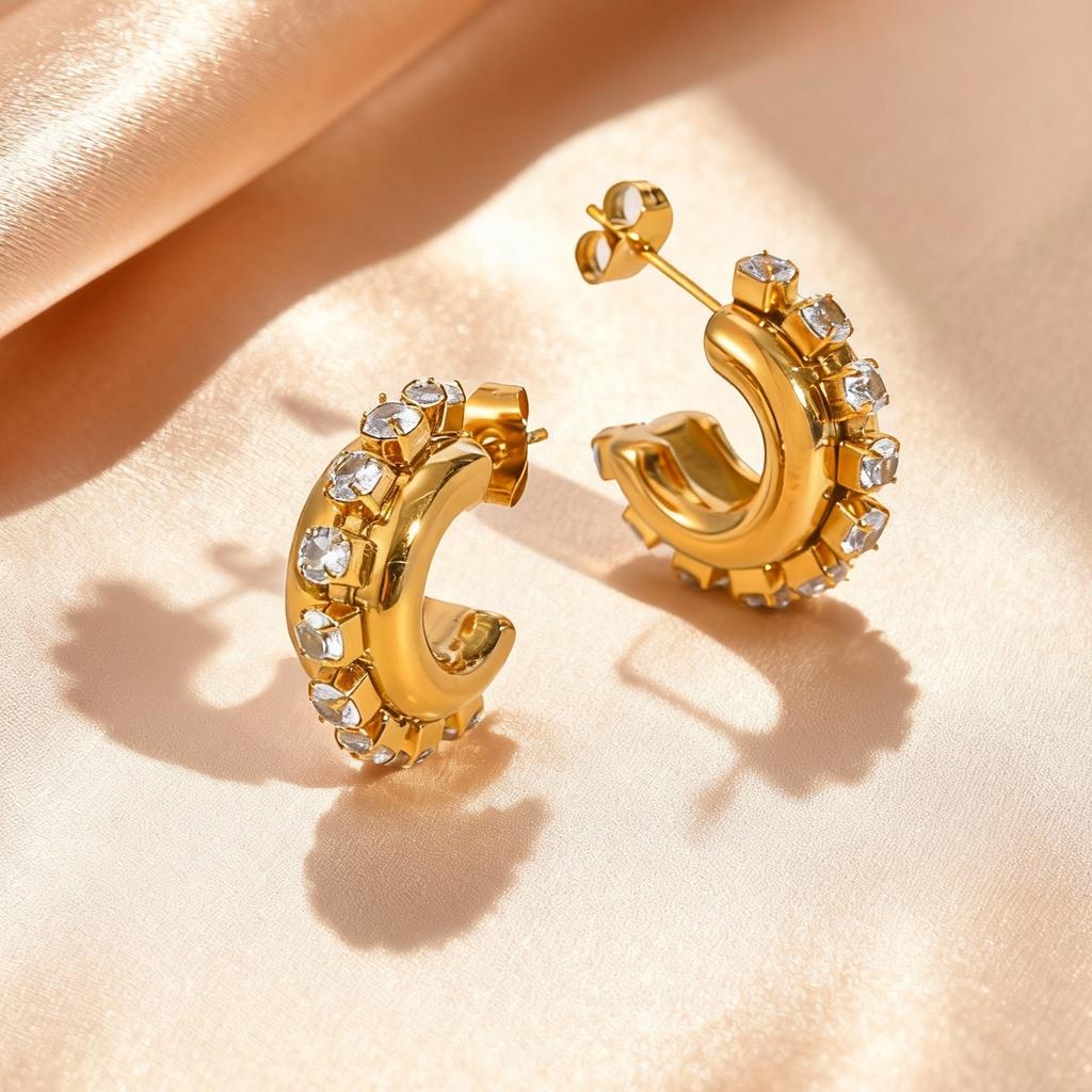 Unique Stainless Steel C-Shaped Hoop Earrings for Women, 18K Gold Plated Cubic Zircon Polished Earrings, Fashion Jewelry