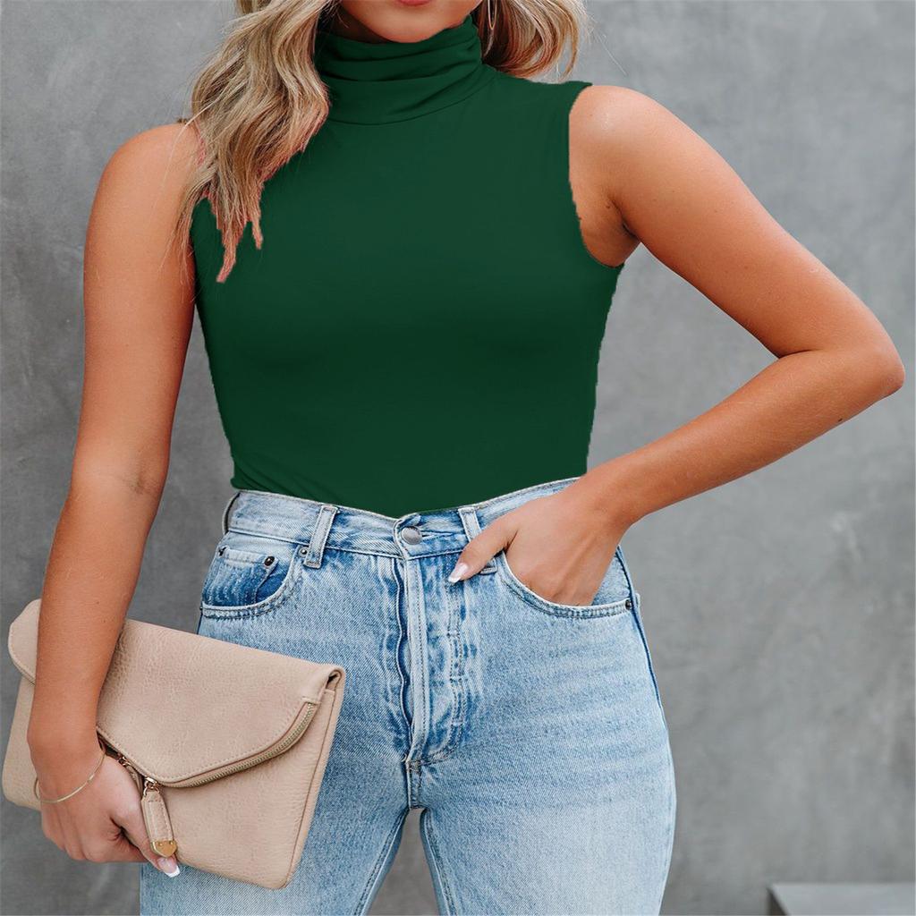Women's Coloured High Neck Sleeveless Slim Fit Bottom Tank Top