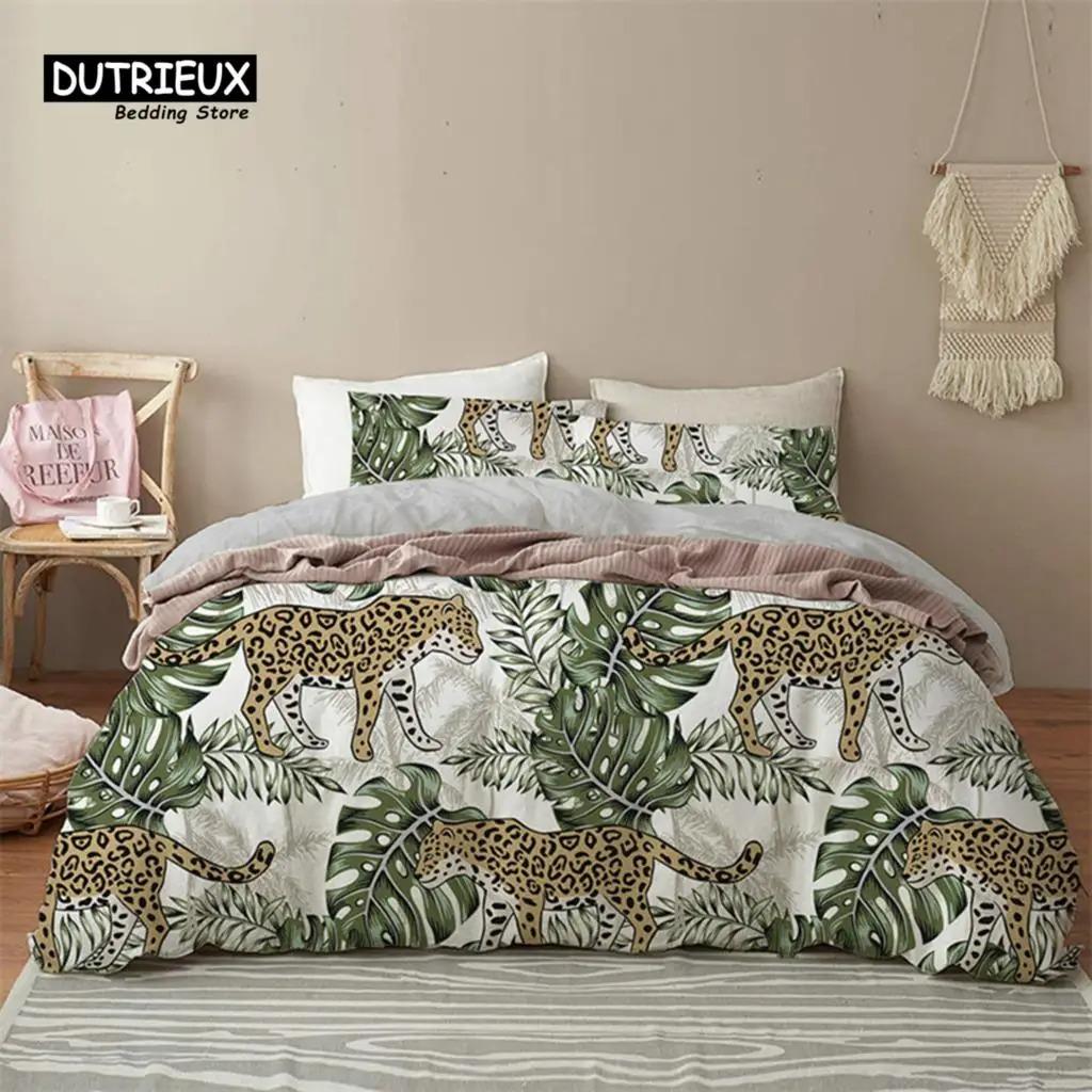 Green Palm Leaf Floral Bedding Set Tropical Leaves Flowers Animals Duvet Cover Microfiber Comforter Cover For Adults Kids Decor