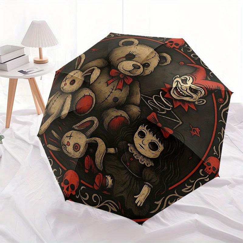 Spooky Plushies: Creepy Teddy Bear, Bunny, Clown & Doll Halloween DecorationsUmbrella with Cute Design, Portable 3-Fold Compact Umbrella for Men & Wom