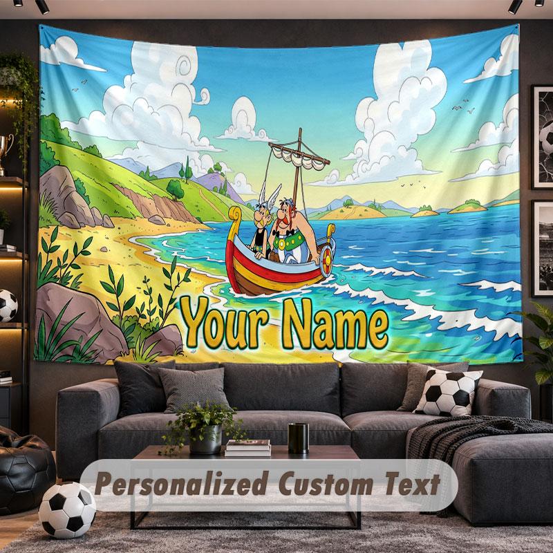 Wall Hanging Tapestry Custom NameAsterix & Obelix Pattern Personalized Printed Fabric Wall Decor