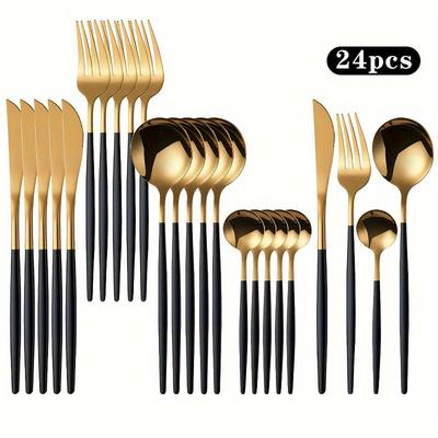 Juego de cubiertos de acero inoxidable de 24 piezas, elegante en negro y dorado, perfecto para 6 personas, incluye cuchillos para carne, tenedores y cucharas.