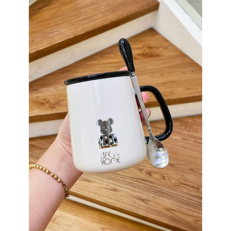 Mug with Lid Spoon Ceramic Cup for Women Home Couple Water Cup Office Coffee Cup for Boys Tea Cup High Appearance