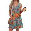 Spring Summer Women's Tropical Leaf Print V Neck Mini Dress Sleeveless Pocket Beach Sundress