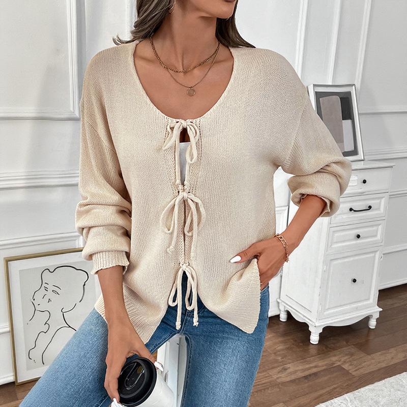 2026 Autumn/Winter Casual Retro Lace-up Round Neck Knit Cardigan for Women